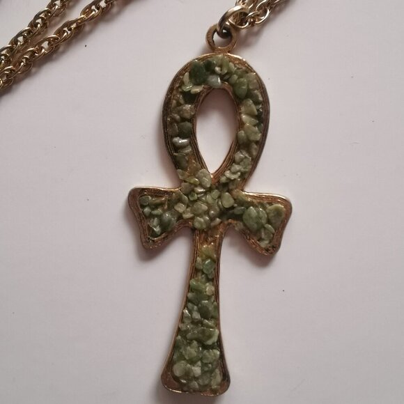 Faux Jade Stone Golden Egyptian Ankh Cross Pendant Necklace Vintage Chunky - Picture 2 of 8